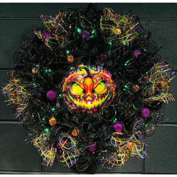 Pre Lit Halloween Wreath Glowing Pumpkin  Light Up 24 Inch Handmade Deco Mesh - Picture 1 of 6